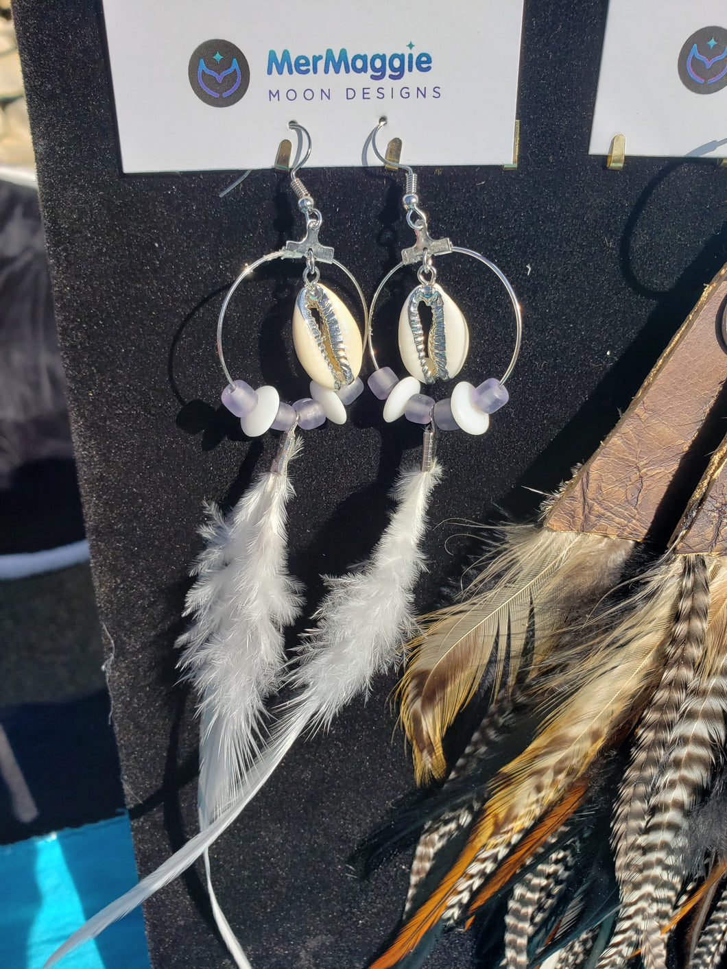 Lavender & White Feather Silver Cowry Shell Hoop Earrings