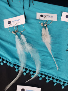 Simple Baby Blue or White Feather & Rhinestone Hoop Earrings