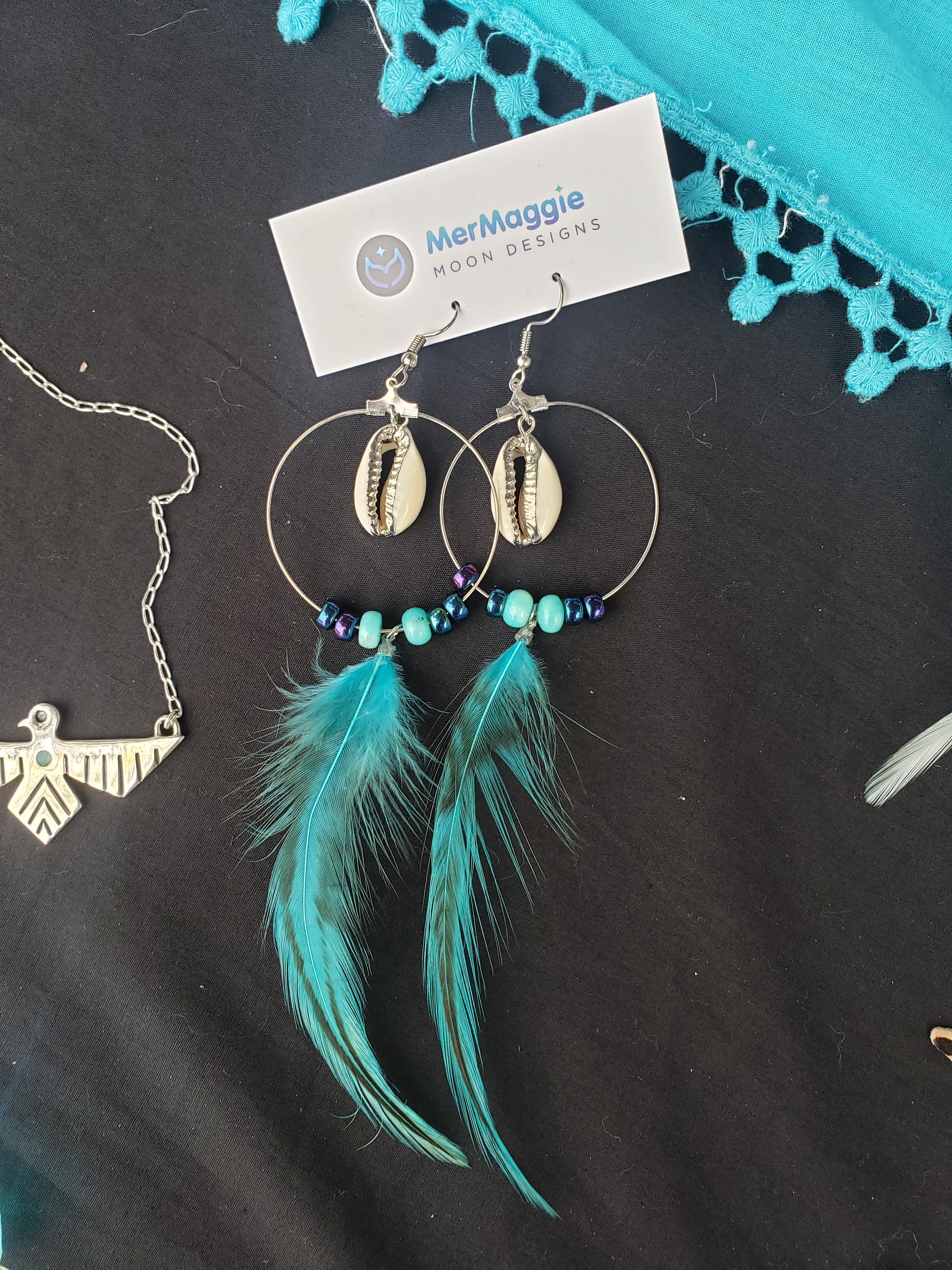 Blue Feather Silver Cowry Shell Silver Hoop Earrings