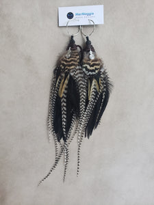 Natural Boho Feather Earrings with Celtic Swirl, Lava Beads, and Black Leather