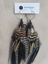 Load image into Gallery viewer, Natural Boho Feather Earrings with Celtic Swirl, Lava Beads, and Black Leather
