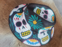 Load image into Gallery viewer, Hand Painted Black Straw Hat - White with Colorful Skulls
