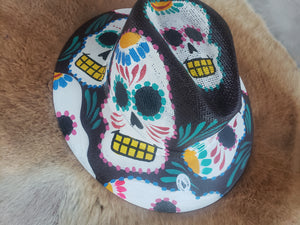 Hand Painted Black Straw Hat - White with Colorful Skulls