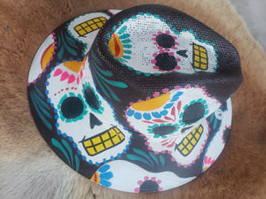 Hand Painted Black Straw Hat - White with Colorful Skulls