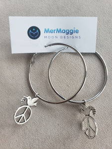Peace Sign Dove Charmed Large Silver Hoop Earrings