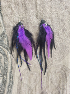 Purple & Black Feather Crescent Moon Cosmic Earrings