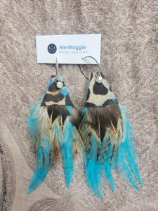 Blue Turquoise & Natural Feather Leopard Cowhide Earrings