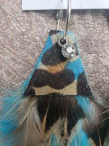 Blue Turquoise & Natural Feather Leopard Cowhide Earrings