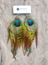 Load image into Gallery viewer, Lime Green &amp; Natural Peacock Feather with Leather Boho Earrings
