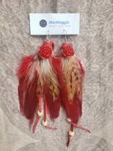 Load image into Gallery viewer, Red &amp; Natural Short Feather Earrings with Red Roses
