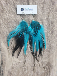 Turquoise + Black & White Grizzly Rooster Medium Feather Earrings with Amazonite Crystals