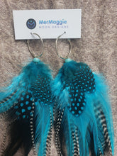Load image into Gallery viewer, Turquoise + Black &amp; White Grizzly Rooster Medium Feather Earrings with Amazonite Crystals
