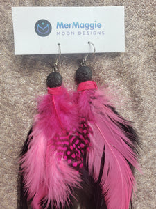 Pink & Black Feather Leather Earrings with Lava Stones