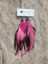 Load image into Gallery viewer, Pink &amp; Black Feather Leather Earrings with Lava Stones
