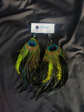Load image into Gallery viewer, Lime Green, Black, &amp; Shiny Peacock Feather Boho Earrings
