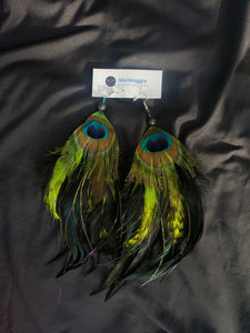 Lime Green, Black, & Shiny Peacock Feather Boho Earrings