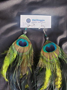 Lime Green, Black, & Shiny Peacock Feather Boho Earrings