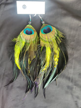 Load image into Gallery viewer, Lime Green, Black, &amp; Shiny Peacock Feather Boho Earrings
