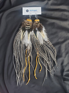 Long Black & White + Natural Feather and Leather Boho Earrings