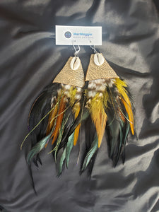 Large Natural Feather, Leather, & Cowrie Shell Boho Earrings