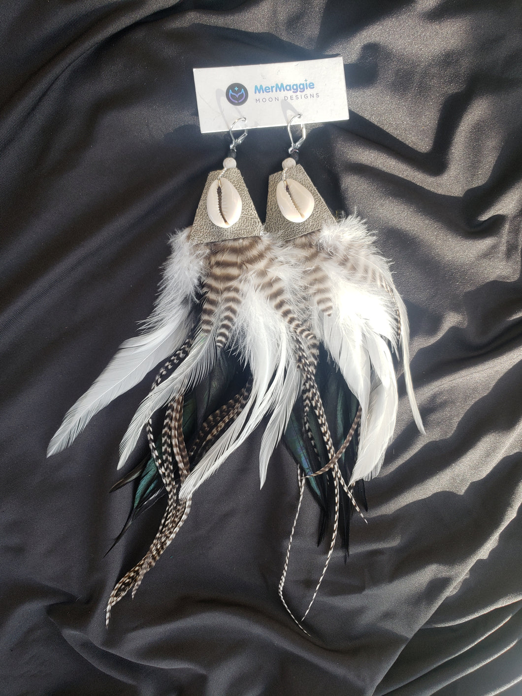 Large Black and White Feather Cowrie Shell Boho Earrings