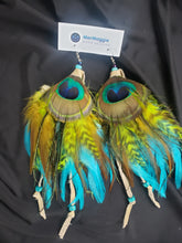 Load image into Gallery viewer, Blue, Amazonite Crystal, Lime Green, &amp; Peacock Feather Boho Earrings
