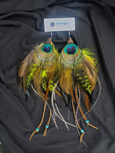 Black, Brown, Rooster, Lime Green, & Peacock Feather Boho Earrings