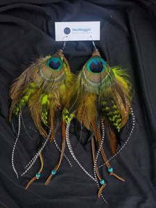 Black, Brown, Rooster, Lime Green, & Peacock Feather Boho Earrings