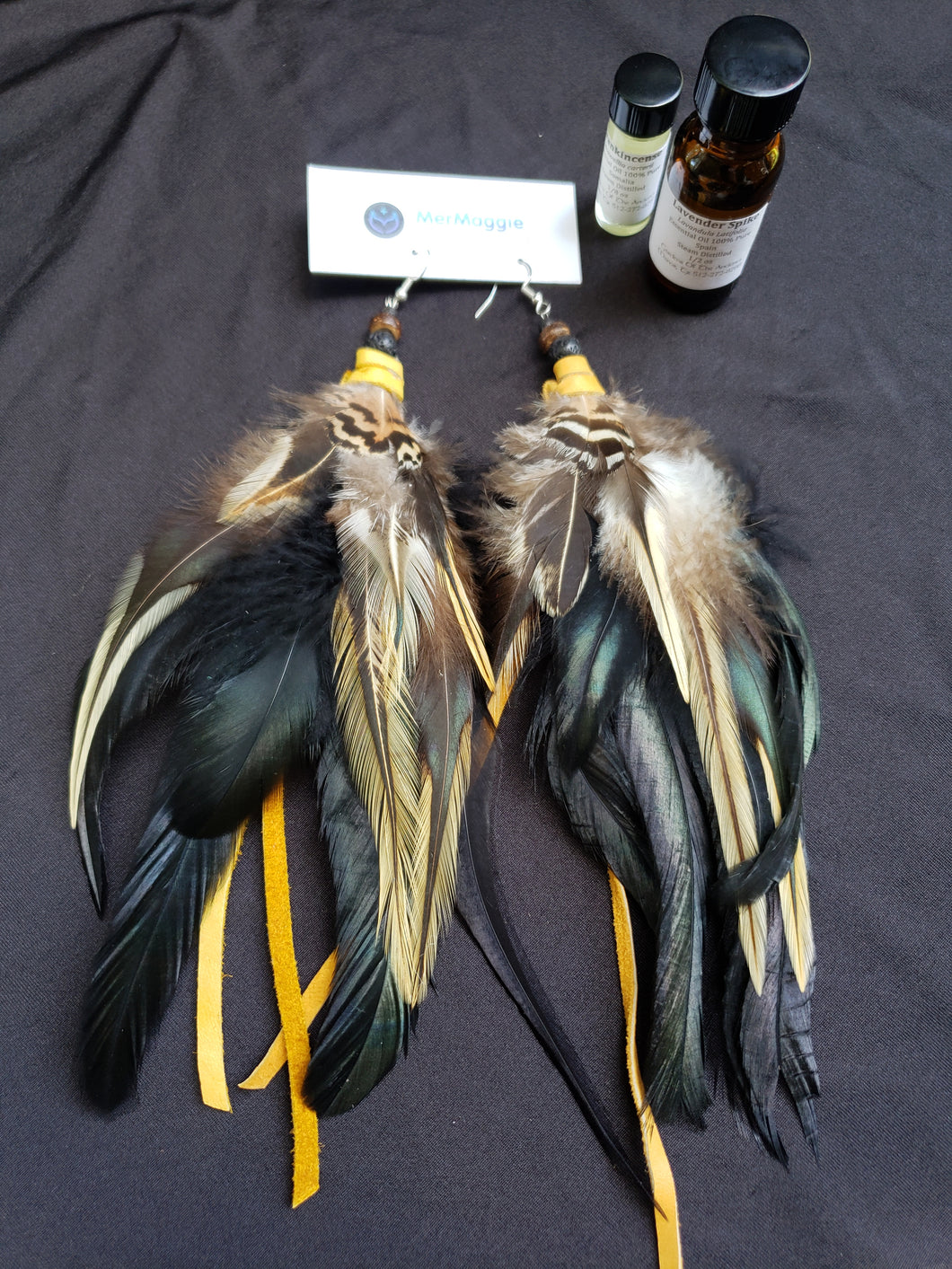 Medium Natural Brown and Black Mix Boho Feather Earrings with Coconut Shell, Lava Rock Beads, and Leather