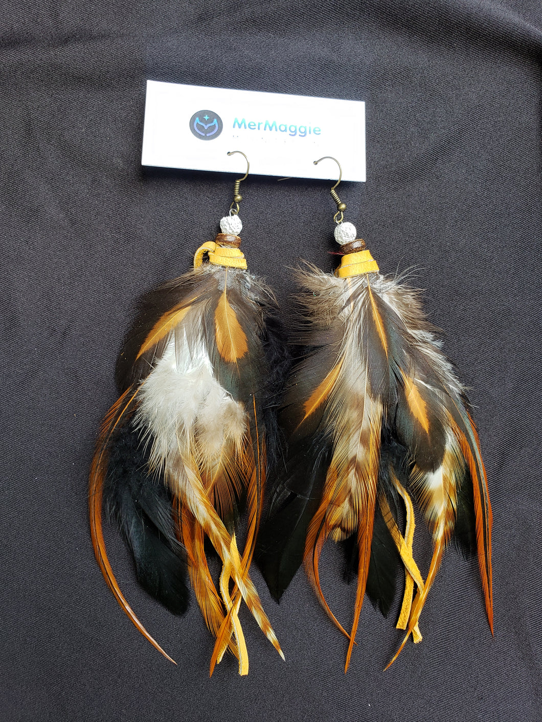 Small Natural Brown, Black, Orange Boho Feather Earrings with Coconut Shell and Lava Rock Beads