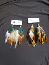 Load image into Gallery viewer, Small Natural &amp; Turquoise Boho Feather Earrings with Coconut Shell and Lava Rock Beads
