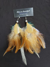 Load image into Gallery viewer, Small Natural &amp; Turquoise Boho Feather Earrings with Coconut Shell and Lava Rock Beads

