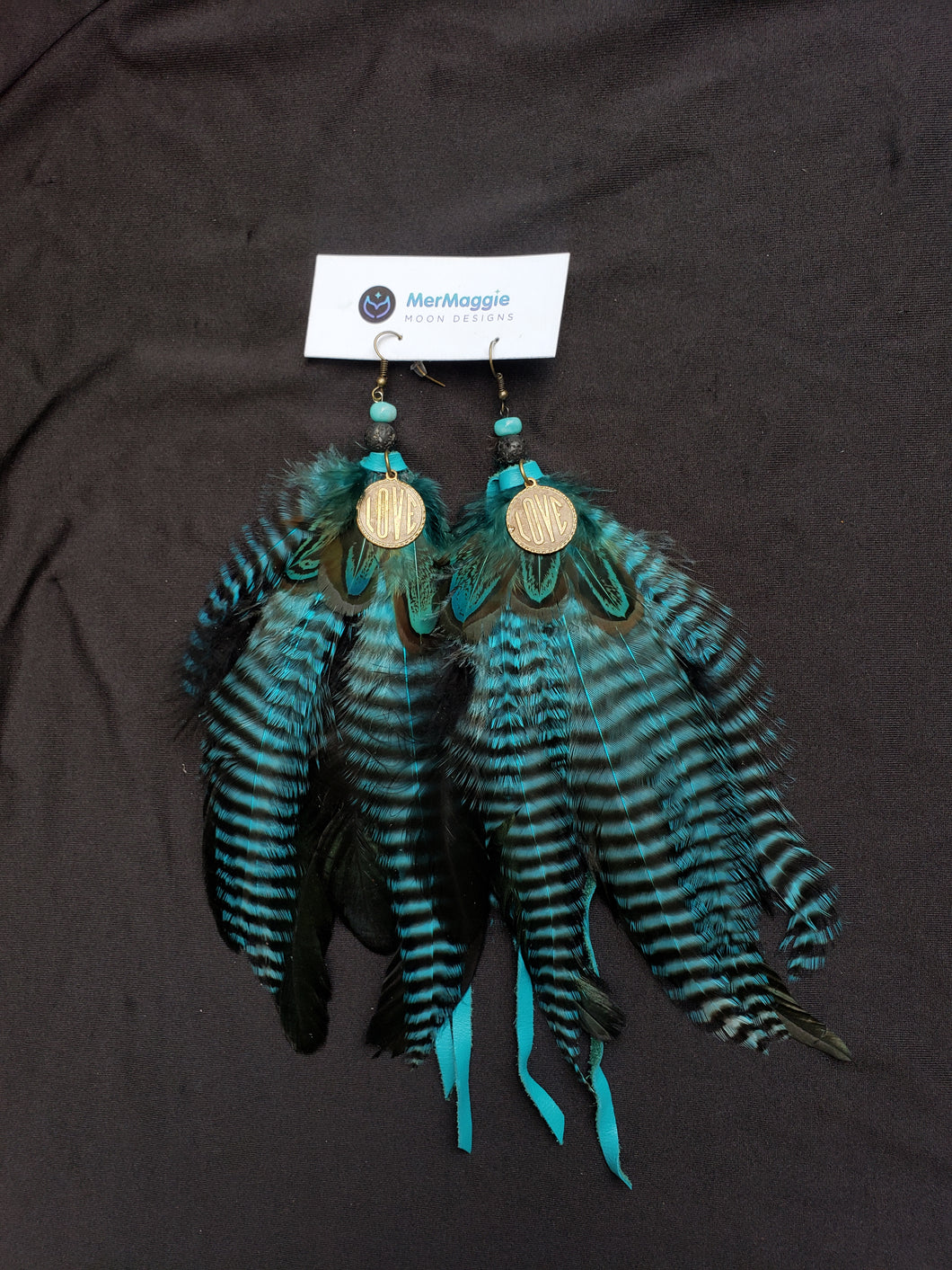 Large LOVE Charm Black & Turquoise Grizzly Feather Boho Feather Earrings