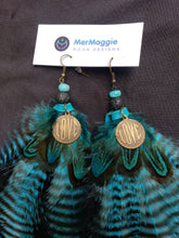 Load image into Gallery viewer, Large LOVE Charm Black &amp; Turquoise Grizzly Feather Boho Feather Earrings
