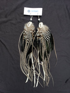 Extra Long Large Black and White Feather Cowrie Shell Boho Earrings