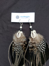 Load image into Gallery viewer, Extra Long Large Black and White Feather Cowrie Shell Boho Earrings
