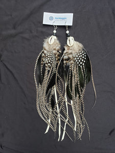 Extra Long Large Black and White Feather Cowrie Shell Boho Earrings