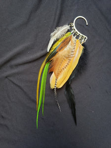 Tan, Brown, Grizzly, Rooster, Natural Feather with Pop of Green Mix Boho Silver Ear Cuff
