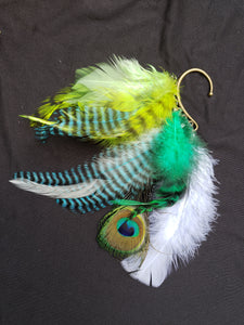 Lime Green, White, Peacock, Turquoise Rooster Feather Mix Boho Silver Ear Cuff