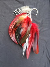 Load image into Gallery viewer, Red, Black, White, Rooster, Natural Feather Mix Boho Silver Ear Cuff
