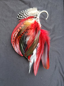 Red, Black, White, Rooster, Natural Feather Mix Boho Silver Ear Cuff