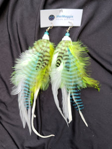 Medium White, Turquoise and Lime Green Grizzly Feather Boho Earrings with White Leather and Crystals