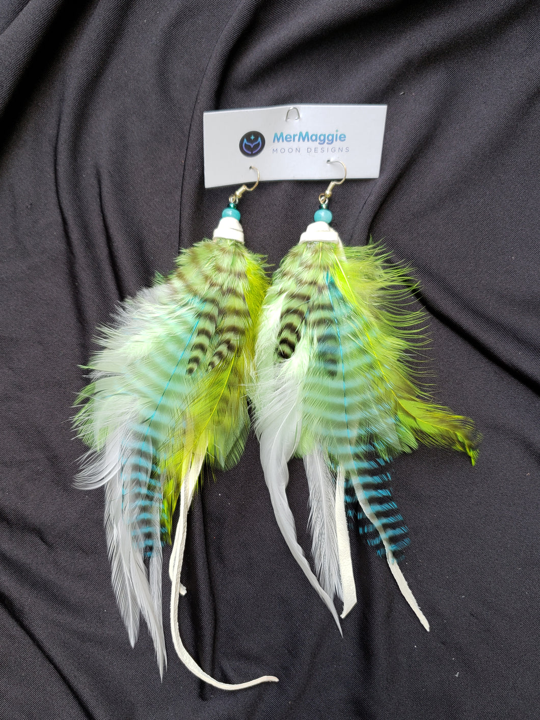 Medium White, Turquoise and Lime Green Grizzly Feather Boho Earrings with White Leather and Crystals