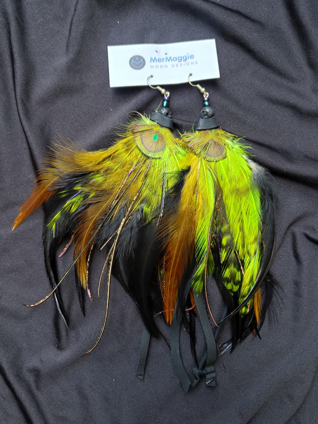 Medium Length Black, Brown, Lime Green, & Peacock Feather Boho Earrings