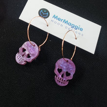 Load image into Gallery viewer, Small Purple Glitter Skull Hoop Earrings
