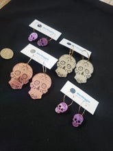 Load image into Gallery viewer, Small Purple Glitter Skull Hoop Earrings
