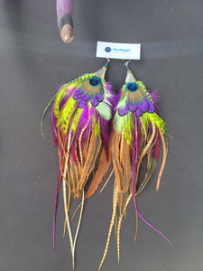 13" Large Lime, Peacock, & Lady Amherst Pheasant Feather Boho Earrings