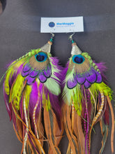 Load image into Gallery viewer, 13&quot; Large Lime, Peacock, &amp; Lady Amherst Pheasant Feather Boho Earrings

