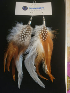 Medium 6" White & Brown Natural Feather Boho Earrings