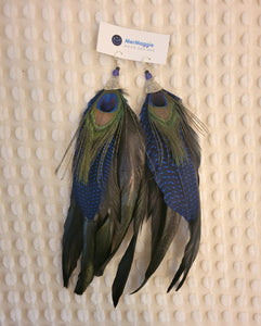 Large 10" Black, Navy, and Peacock Feather Boho Earrings